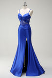 Royal Blue Mermaid Spaghetti Straps Satin Prom Dress with Sheer Corset Bodice