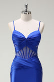 Royal Blue Mermaid Spaghetti Straps Satin Prom Dress with Sheer Corset Bodice