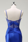 Royal Blue Mermaid Spaghetti Straps Satin Prom Dress with Sheer Corset Bodice