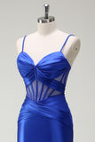 Royal Blue Mermaid Spaghetti Straps Satin Prom Dress with Sheer Corset Bodice