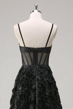 Black A Line Spaghetti Straps Sheer Corset Cut Out Long Prom Dress with 3D Flowers