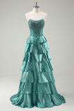 Peacock Green A Line Strapless Tiered Corset Sparkly Beaded Long Prom Dress with Slit