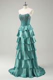 Peacock Green A Line Strapless Tiered Corset Sparkly Beaded Long Prom Dress with Slit