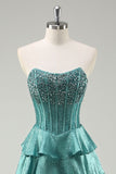 Peacock Green A Line Strapless Tiered Corset Sparkly Beaded Long Prom Dress with Slit