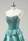 Peacock Green A Line Strapless Tiered Corset Sparkly Beaded Long Prom Dress with Slit