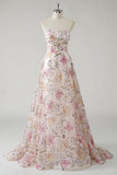 Pink A-Line Strapless Sparkly Sequin Floral Long Prom Dress