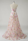 Pink A-Line Strapless Sparkly Sequin Floral Long Prom Dress