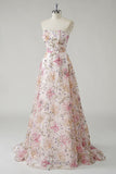 Pink A-Line Strapless Sparkly Sequin Floral Long Prom Dress