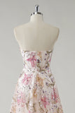 Pink A-Line Strapless Sparkly Sequin Floral Long Prom Dress