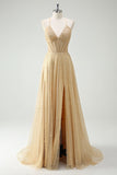 Sparkly Gold A Line Sequin Spaghetti Straps Long Prom Dress With Slit