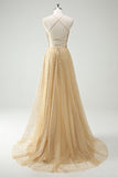 Sparkly Gold A Line Sequin Spaghetti Straps Long Prom Dress With Slit