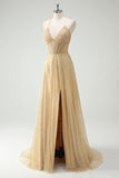 Sparkly Gold A Line Sequin Spaghetti Straps Long Prom Dress With Slit