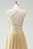 Sparkly Gold A Line Sequin Spaghetti Straps Long Prom Dress With Slit