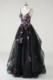 Black A Line Deep V Neck Long Prom Dress with Sequined Appliques