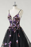 Black A Line Deep V Neck Long Prom Dress with Sequined Appliques