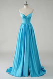 Sparkly Blue A Line Strapless Corset Sequin Long Prom Dress with Slit