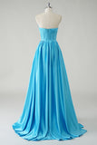 Sparkly Blue A Line Strapless Corset Sequin Long Prom Dress with Slit