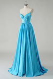 Sparkly Blue A Line Strapless Corset Sequin Long Prom Dress with Slit