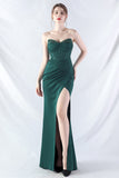 Sparkly Dark Green Strapless Beaded Corset Long Prom Dress with Slit