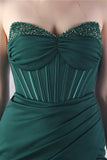 Sparkly Dark Green Strapless Beaded Corset Long Prom Dress with Slit