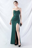 Sparkly Dark Green Strapless Beaded Corset Long Prom Dress with Slit