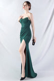 Sparkly Dark Green Strapless Beaded Corset Long Prom Dress with Slit