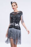 Grey Short Sleeves Sequins Fringed Flapper Gatsby Dress