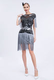 Grey Short Sleeves Sequins Fringed Flapper Gatsby Dress