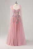 Pink A Line Sweetheart Long Prom Dress With Sequins Appliqued