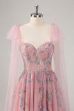 Pink A Line Sweetheart Long Prom Dress With Sequins Appliqued