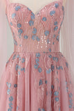 Pink A Line Sweetheart Long Prom Dress With Sequins Appliqued