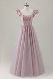 Grey Pink A Line Puff Sleeves Boat Neck Long Prom Dress Ruffle With Sequins Appliqued