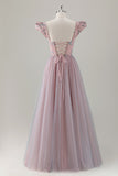 Grey Pink A Line Puff Sleeves Boat Neck Long Prom Dress Ruffle With Sequins Appliqued