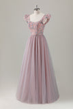 Grey Pink A Line Puff Sleeves Boat Neck Long Prom Dress Ruffle With Sequins Appliqued