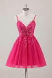 Fuchsia A Line V Neck Spaghetti Straps Sequins Homecoming Dress with Appliques