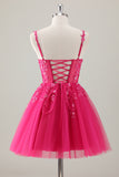 Fuchsia A Line V Neck Spaghetti Straps Sequins Homecoming Dress with Appliques