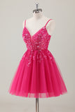 Fuchsia A Line V Neck Spaghetti Straps Sequins Homecoming Dress with Appliques