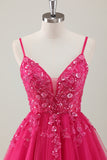 Fuchsia A Line V Neck Spaghetti Straps Sequins Homecoming Dress with Appliques