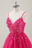 Fuchsia A Line V Neck Spaghetti Straps Sequins Homecoming Dress with Appliques