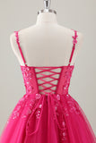 Fuchsia A Line V Neck Spaghetti Straps Sequins Homecoming Dress with Appliques