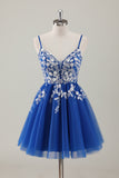 Royal Blue A Line V Neck Spaghetti Straps Sequins Homecoming Dress with Appliques