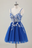 Royal Blue A Line V Neck Spaghetti Straps Sequins Homecoming Dress with Appliques