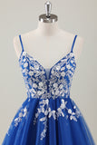 Royal Blue A Line V Neck Spaghetti Straps Sequins Homecoming Dress with Appliques