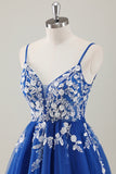 Royal Blue A Line V Neck Spaghetti Straps Sequins Homecoming Dress with Appliques