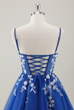 Royal Blue A Line V Neck Spaghetti Straps Sequins Homecoming Dress with Appliques