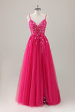 Fuchsia A Line Spaghetti Straps Sequins Applique Long Prom Dress With Slit