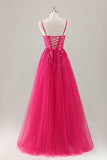 Fuchsia A Line Spaghetti Straps Sequins Applique Long Prom Dress With Slit