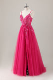 Fuchsia A Line Spaghetti Straps Sequins Applique Long Prom Dress With Slit