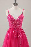 Fuchsia A Line Spaghetti Straps Sequins Applique Long Prom Dress With Slit