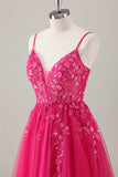 Fuchsia A Line Spaghetti Straps Sequins Applique Long Prom Dress With Slit